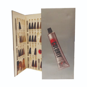 “Professional hair color reference book featuring swatches and product numbers for salon use.”