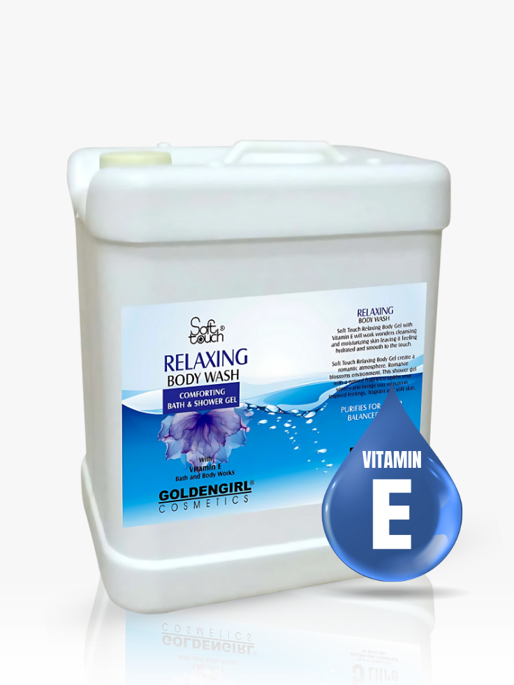 White container of GoldenGirl Cosmetics Relaxing Body Wash with blue label on a white background