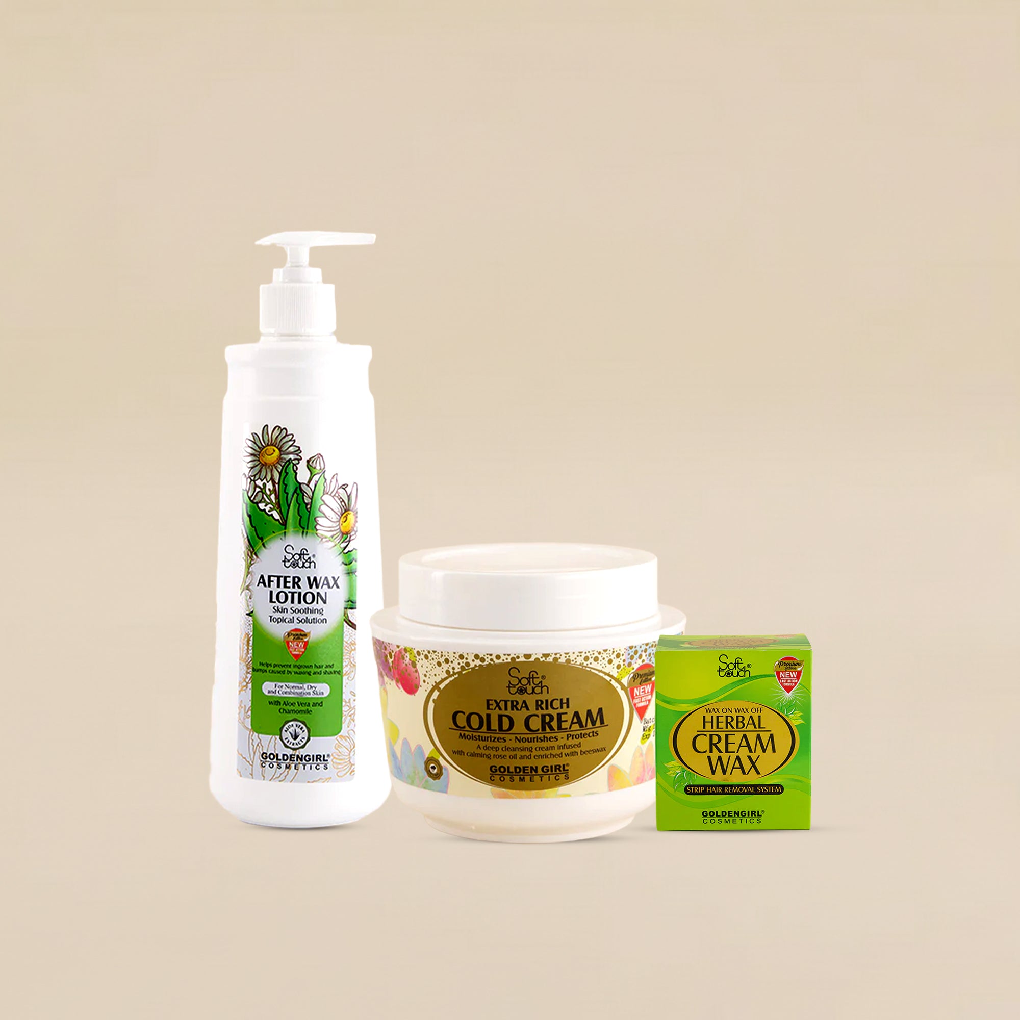 Set of skincare products including lotion, cream, and wax on a beige background