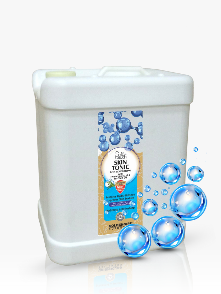 White container with a label featuring blue bubbles on a white background