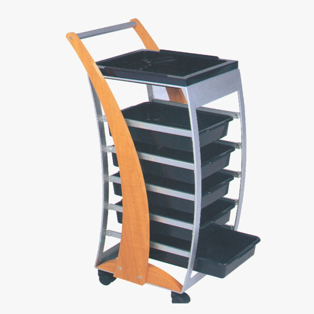 A salon trolley with multiple black trays, silver frame, and wooden handle, on wheels.