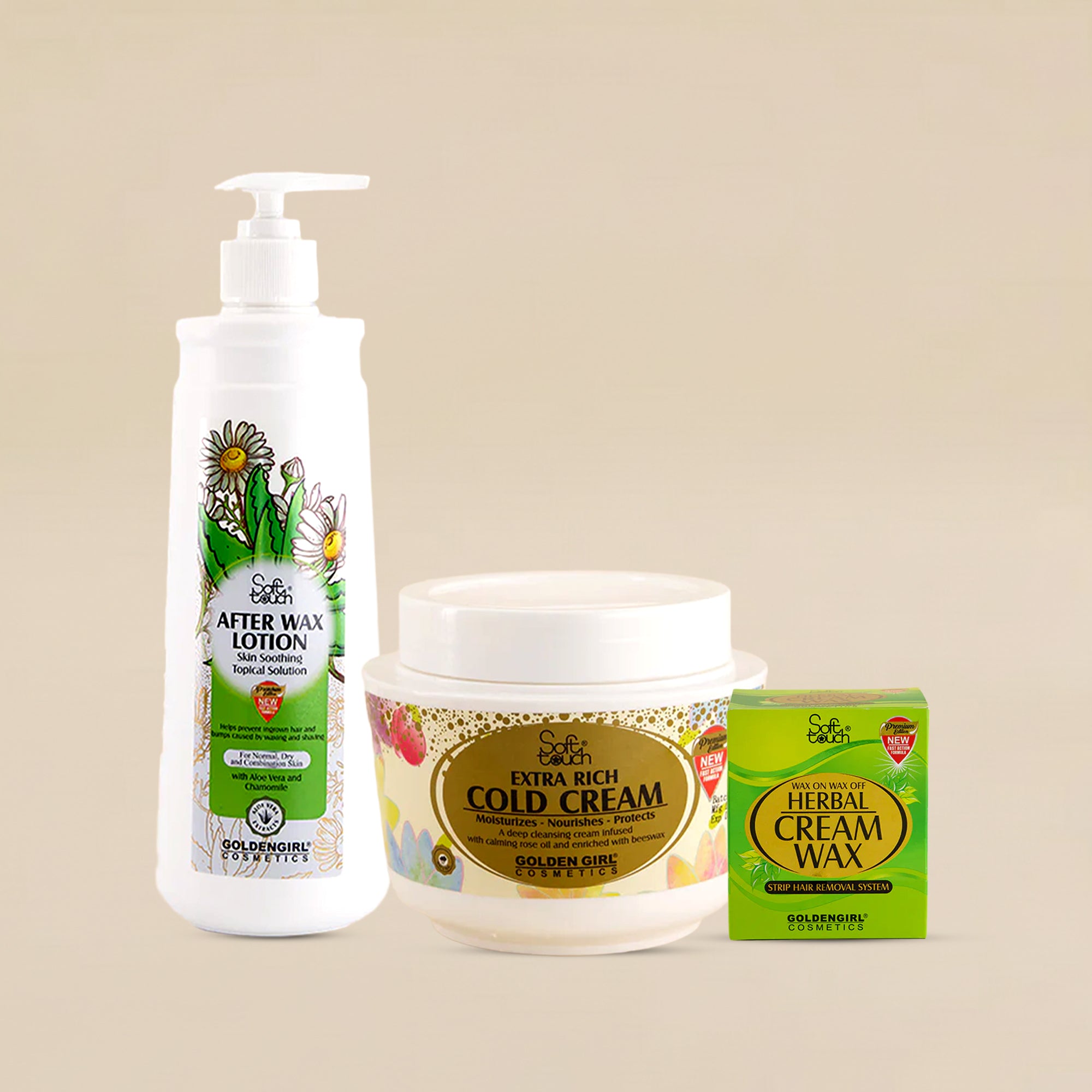 Set of Goldenbush skincare products including after wax lotion, cold cream, and cream wax on a beige background.
