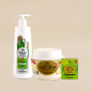 Set of Goldenbush skincare products including after wax lotion, cold cream, and cream wax on a beige background.