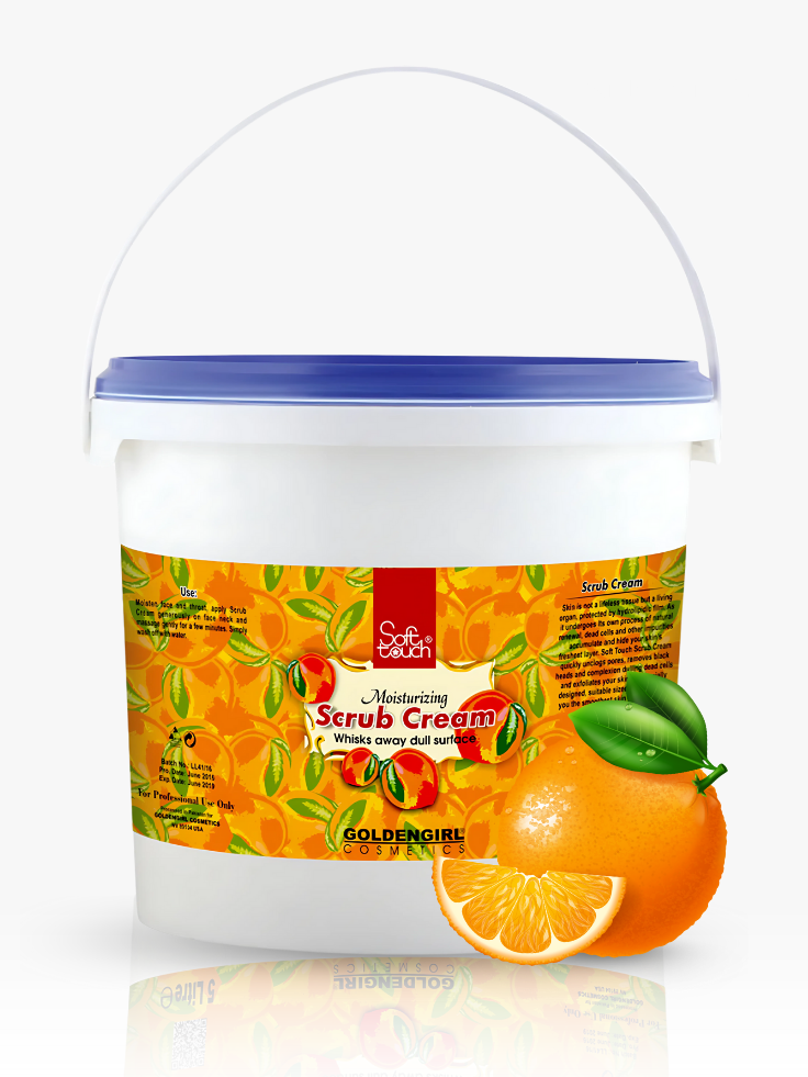 Container with an orange-themed label on a white background