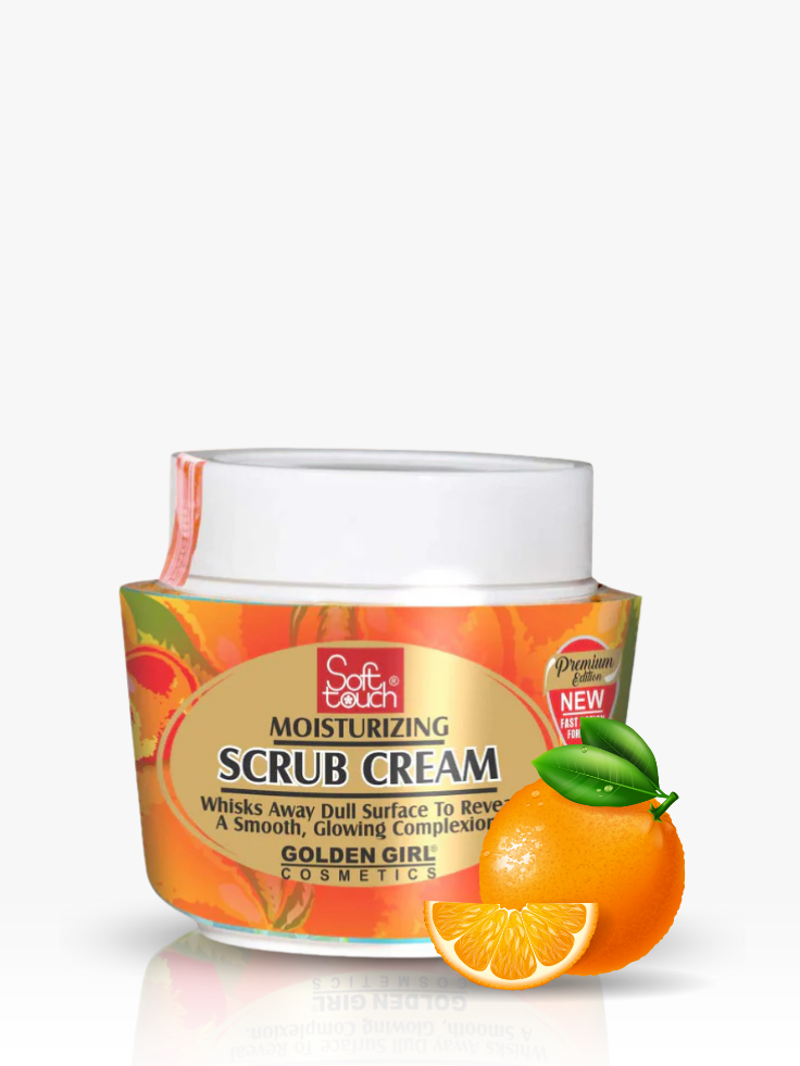 Jar of moisturizing scrub cream with orange slices on a white background