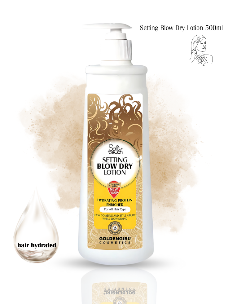 Setting Blow Dry Lotion bottle with gold and white design on a white background