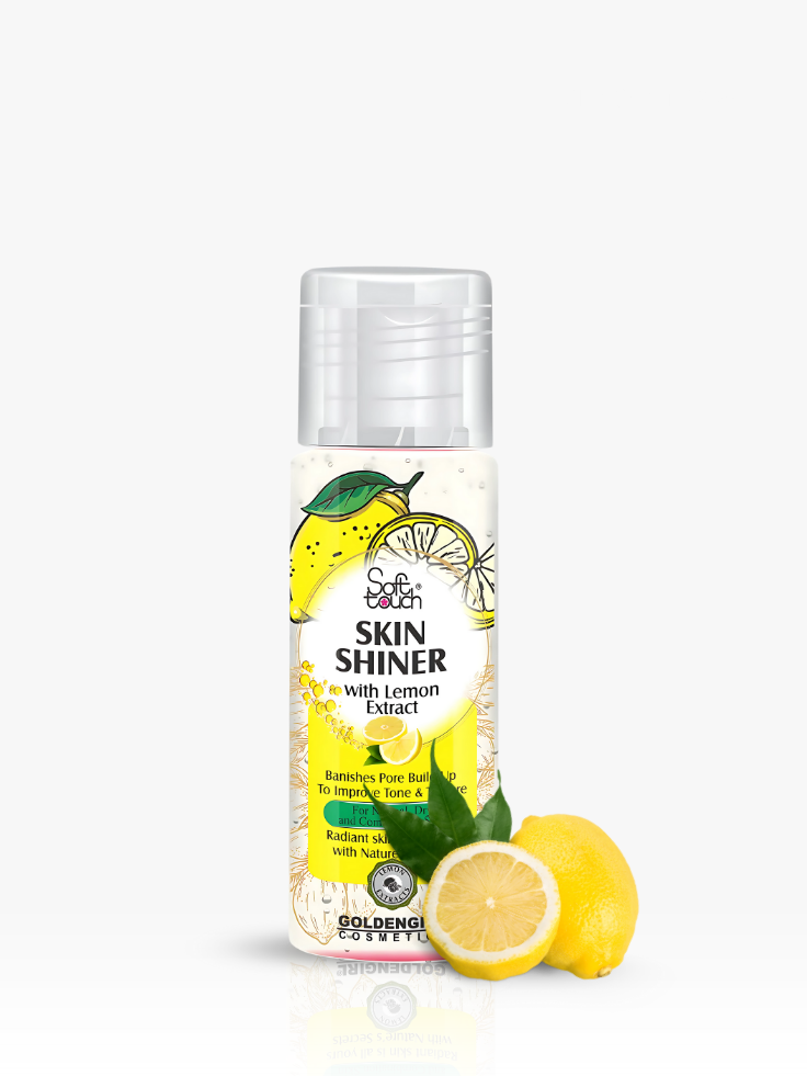 Bottle of Skin Shiner with Lemon Extract on a white background