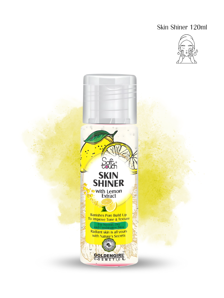 Skin Shiner bottle with lemon graphic on a white background