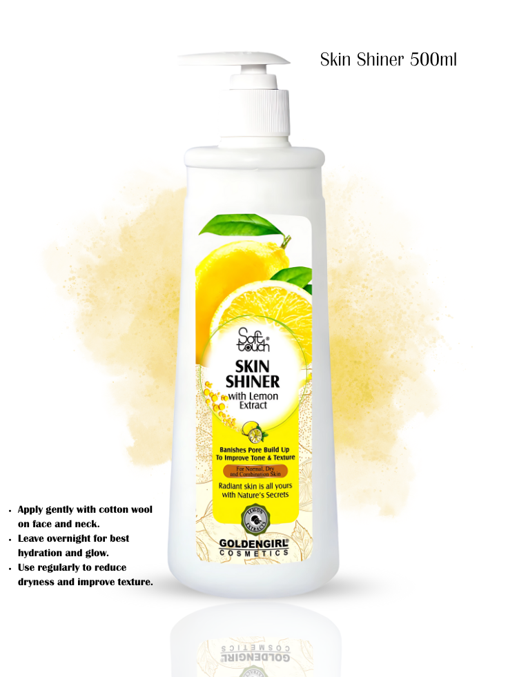 Skin Shiner 500ml bottle with lemon extract on a white background