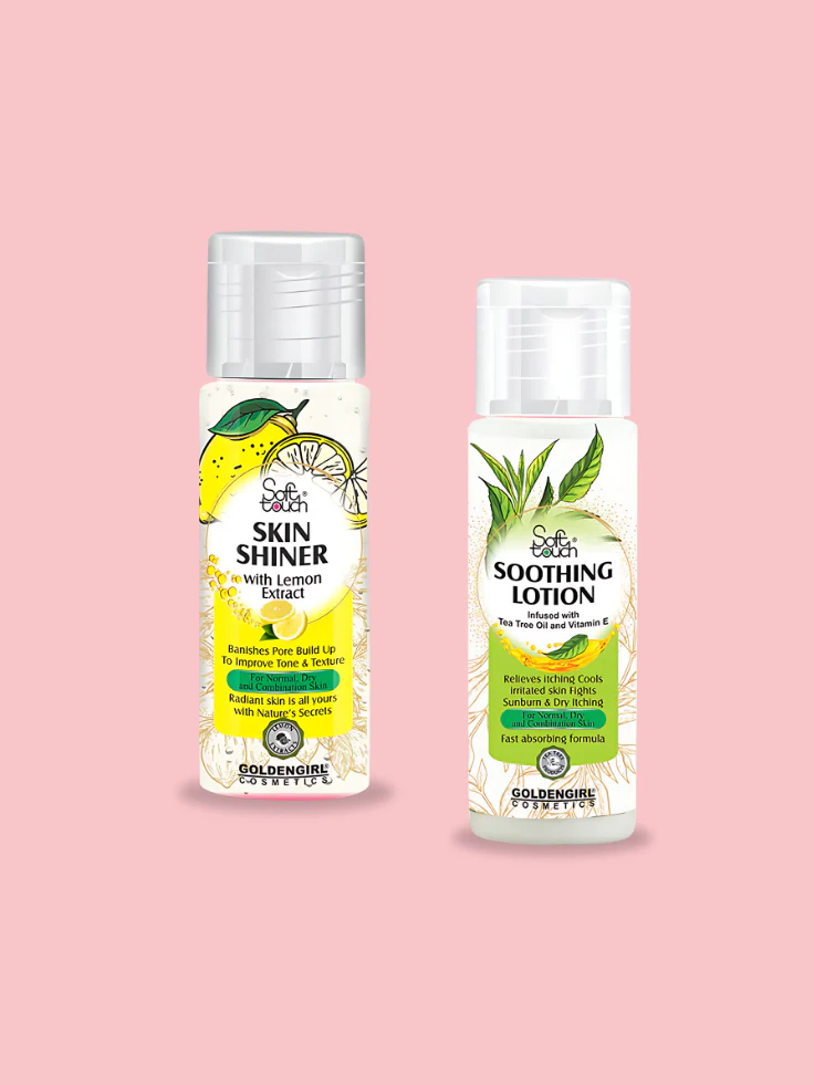 Two bottles of skincare products on a pink background