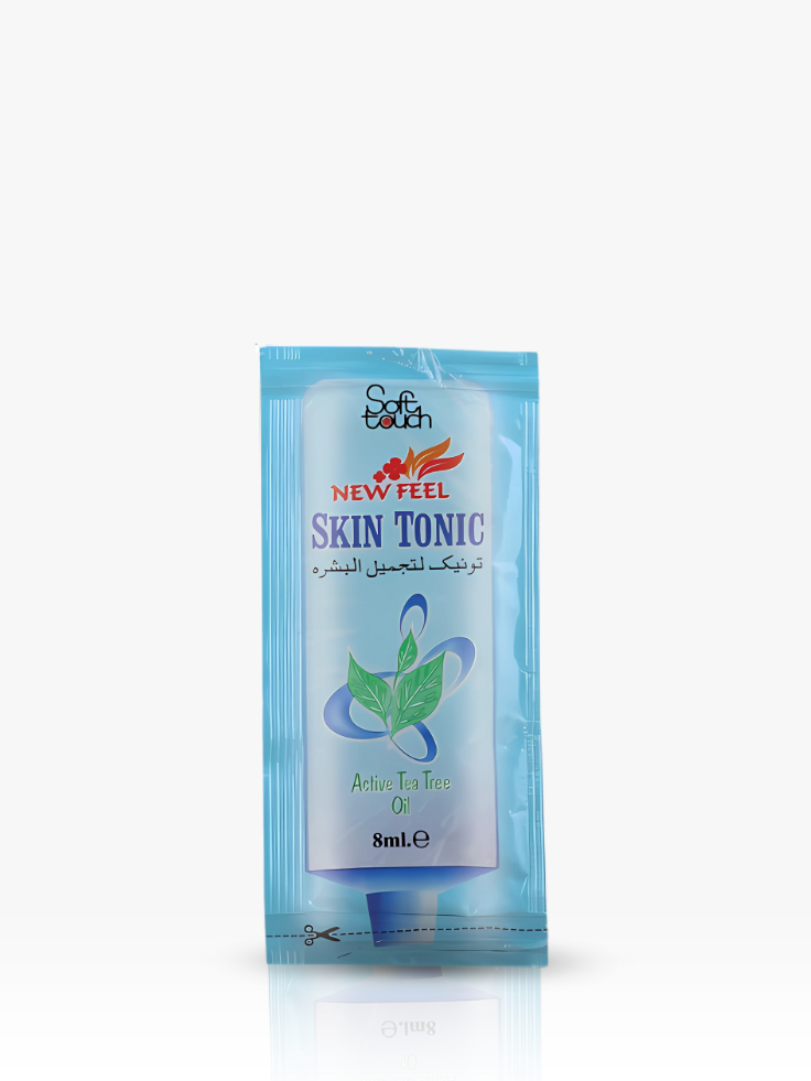 Skin tonic packaging with blue and white design on a white background
