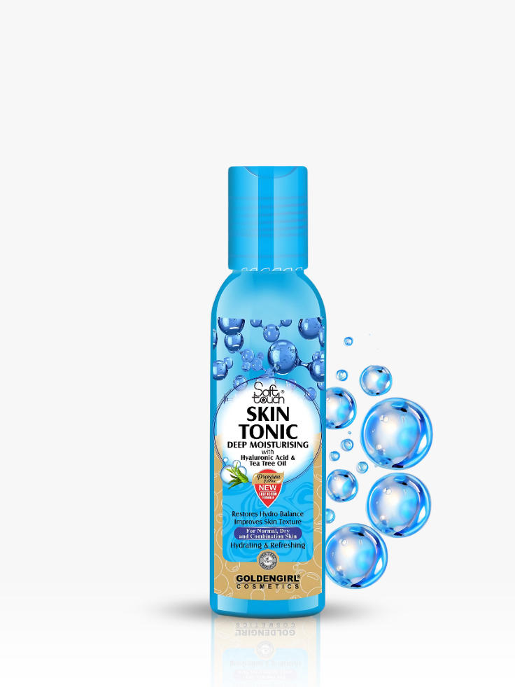 Blue bottle of Goldfina Skin Tonic with bubbles on a white background