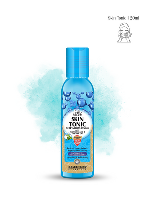 Blue bottle of Golden Girl Skin Tonic with branding and product details on a white background