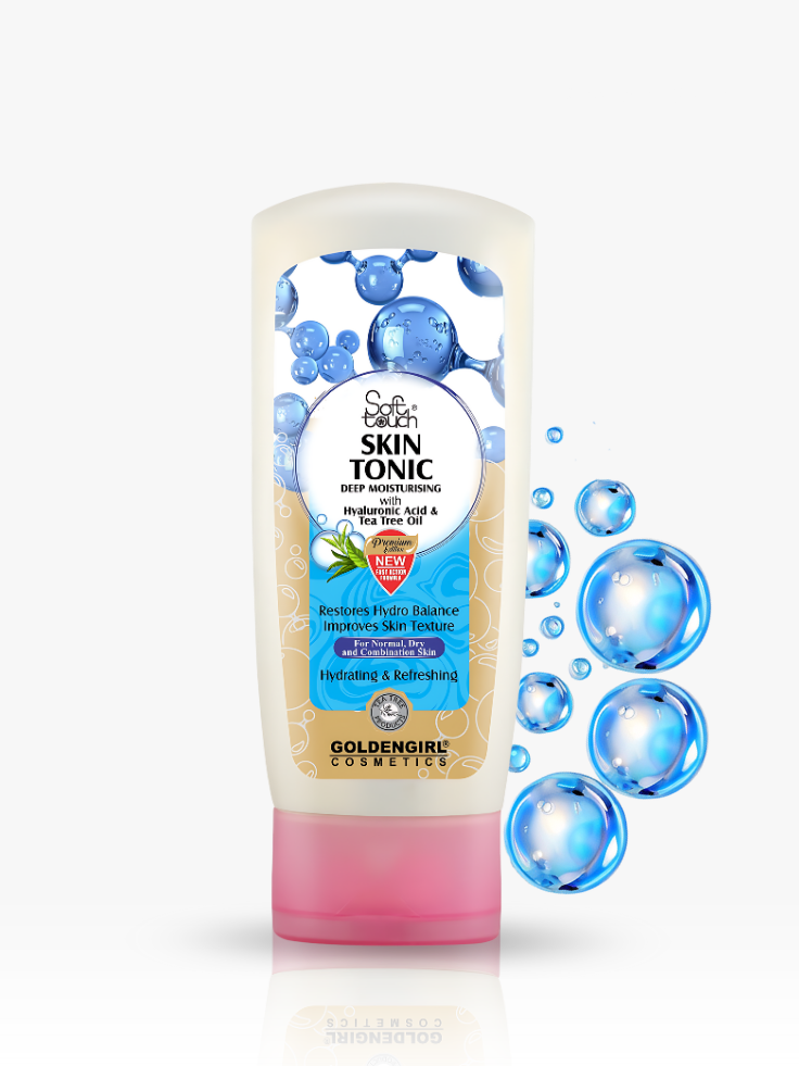 Goldengirl Skin Tonic bottle with blue bubbles on a white background