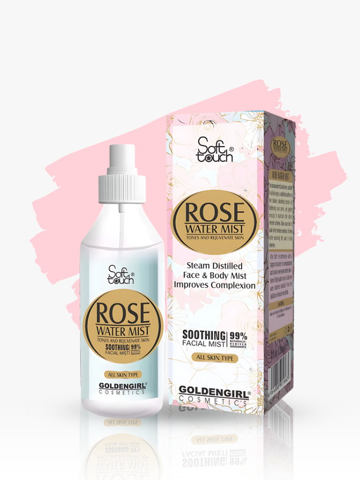 Rose water mist bottle and packaging on a white background