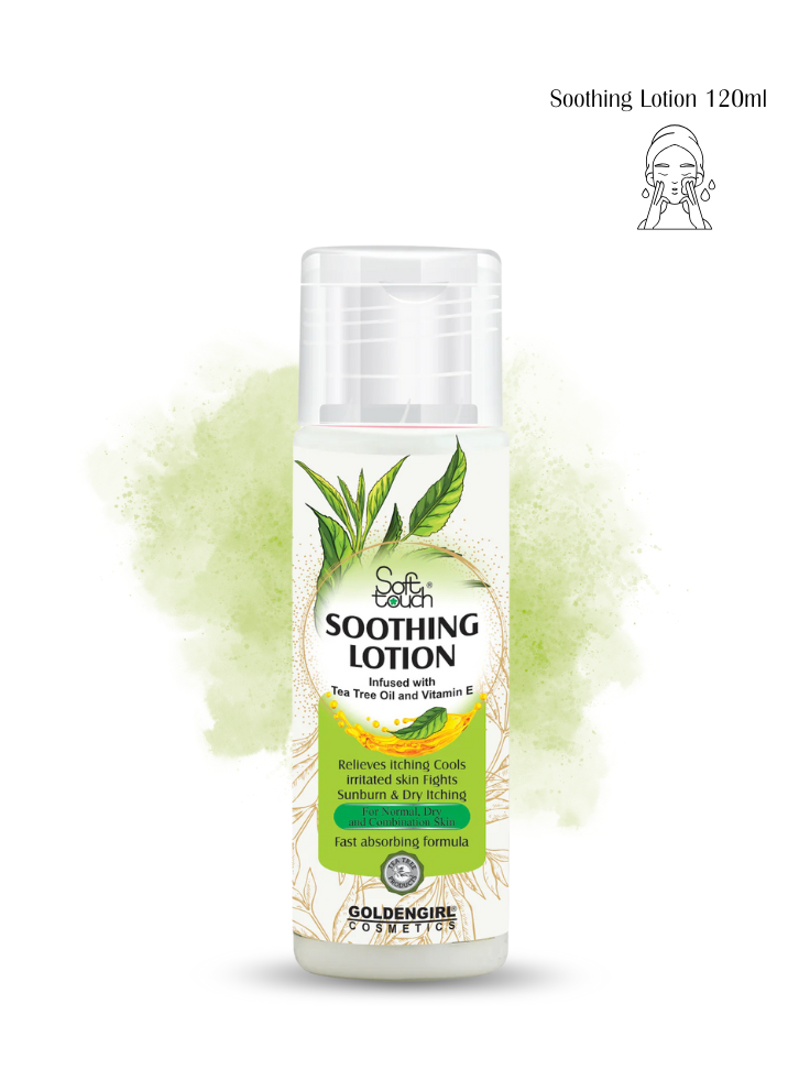Soothing lotion bottle with green leaf design on a white background