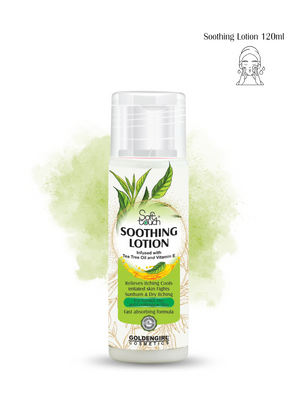 Soothing lotion bottle with green leaf design on a white background