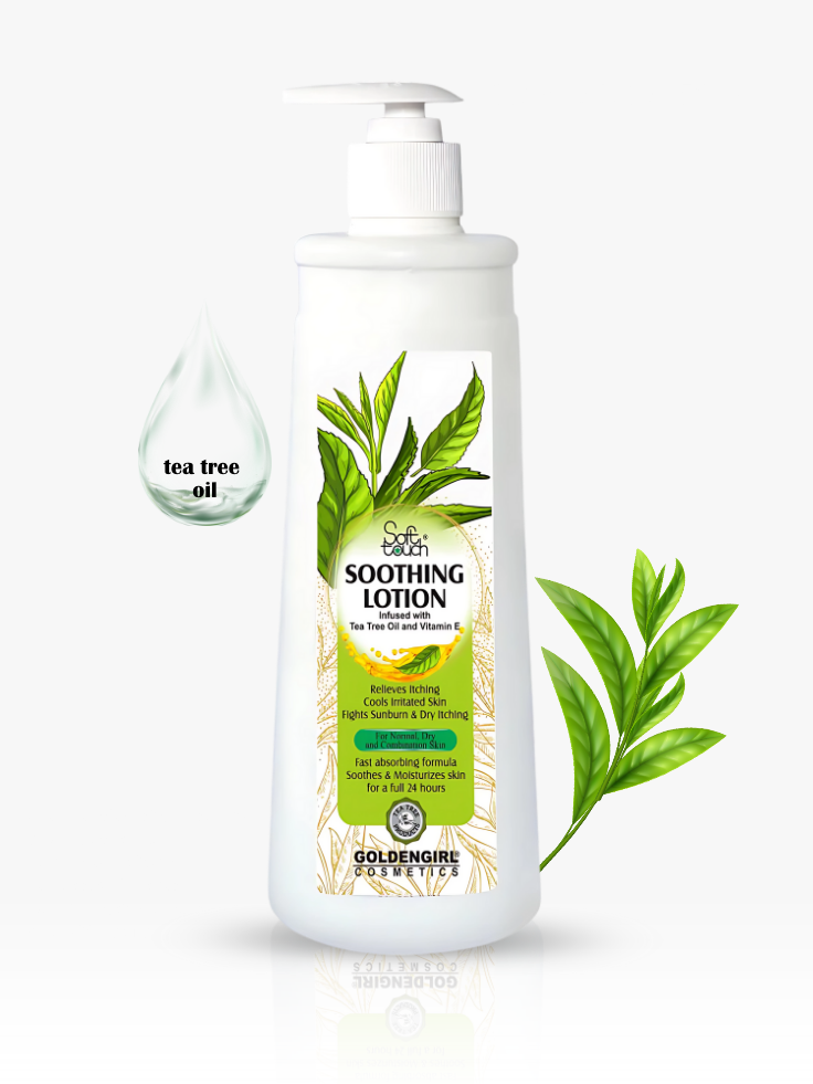 Bottle of Goldenshire Essentials Soothing Lotion with tea tree oil on a white background