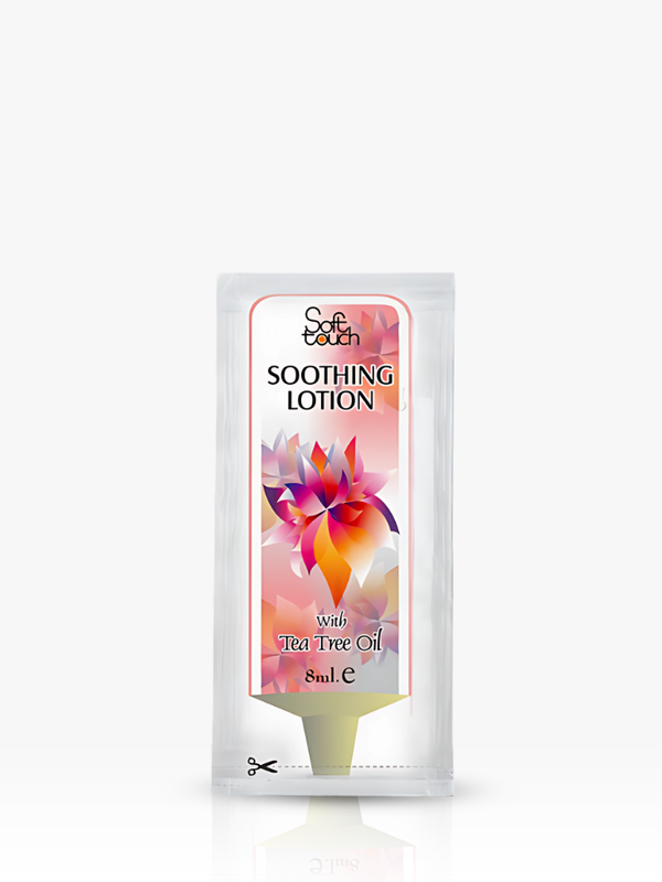 Soothing lotion packet with floral design on a white background