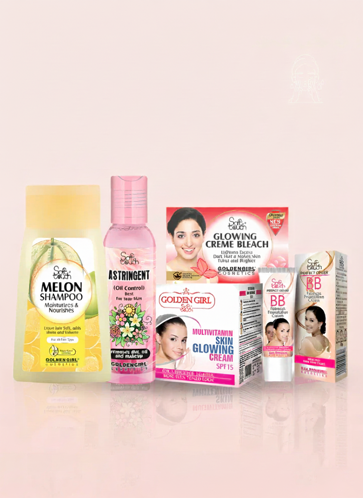 Collection of beauty products including shampoo, hair dye, and skincare items on a pink background