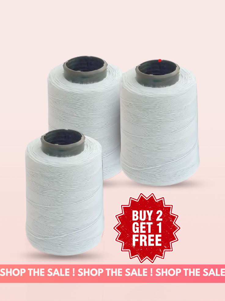 Three spools of white thread with a 'Buy 2 Get 1 Free' offer on a pink background.