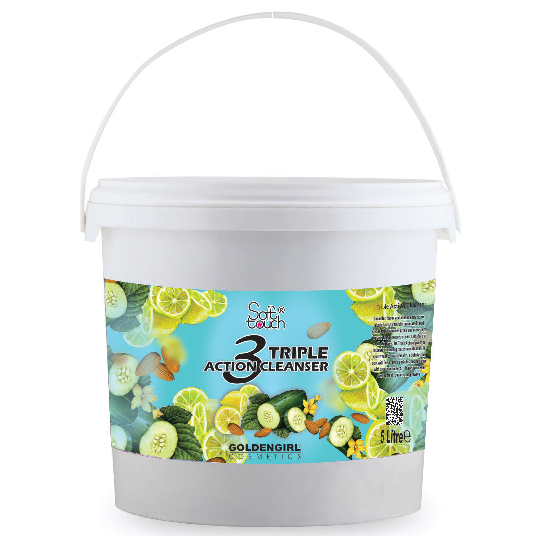 White bucket with a colorful label featuring lemons, cucumbers, and other fruits on a white background.