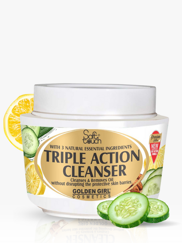 Triple Action Cleanser jar with lemon and cucumber slices on a white background