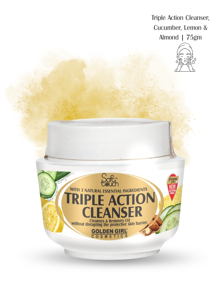 Triple Action Cleanser jar with cucumber, lemon, and almond ingredients on a white background