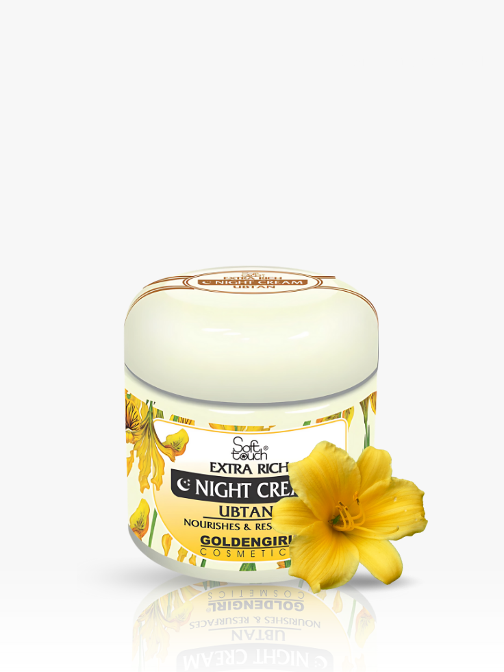 Jar of night cream with a yellow flower on a white background