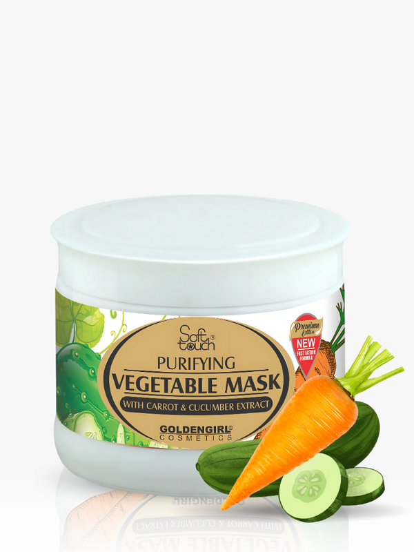 Jar of purifying vegetable mask with carrot and cucumber extract on a white background