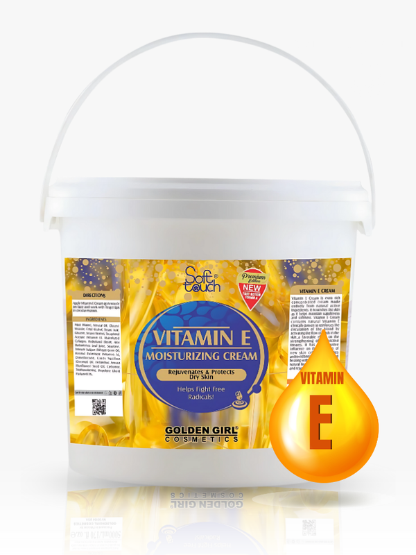 Bucket of Vitamin E moisturizing cream with a label on a white background