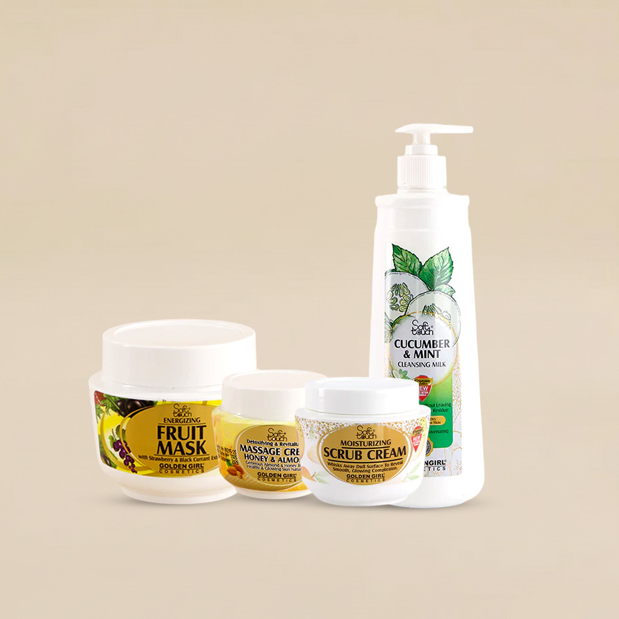 Set of skincare products including a fruit mask, scrub cream, and cleansing milk on a beige background