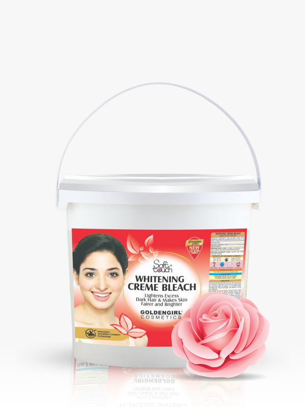 Product packaging of Whitening Creme Bleach with a woman's face and a pink rose on a white background