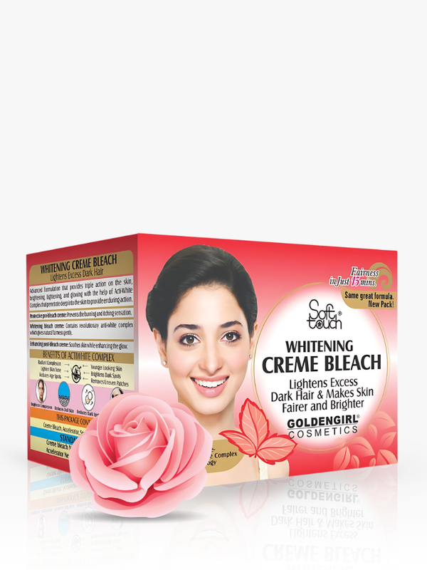 Box of Whitening Creme Bleach with a woman's face and a pink rose on a white background