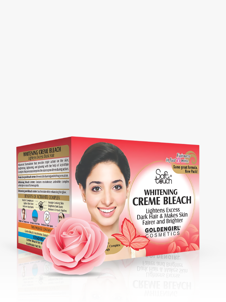 Goldengirl Cosmetics Whitening Creme Bleach packaging with a woman's face and a pink rose on a white background