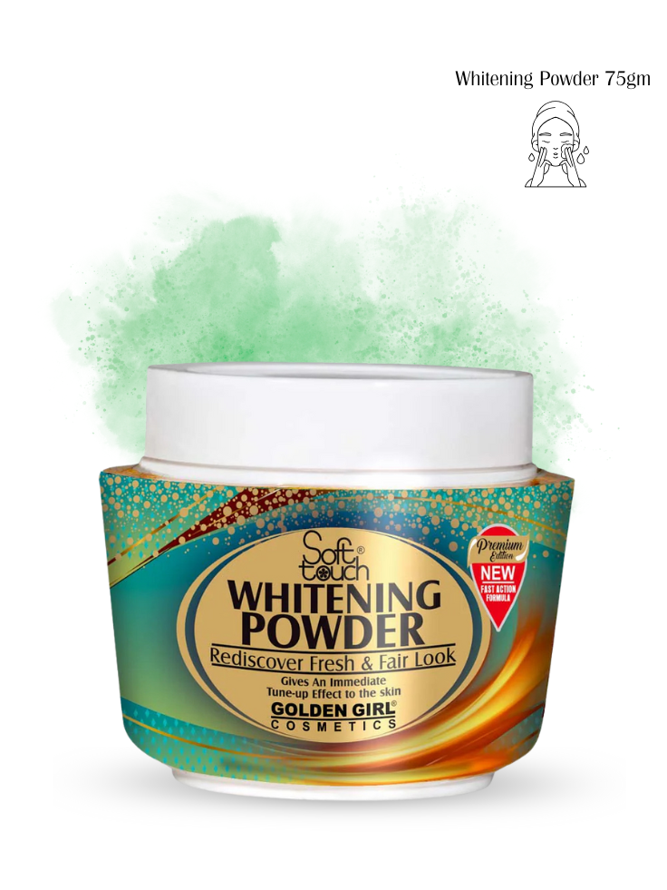 Whitening powder jar with green powder on a white background