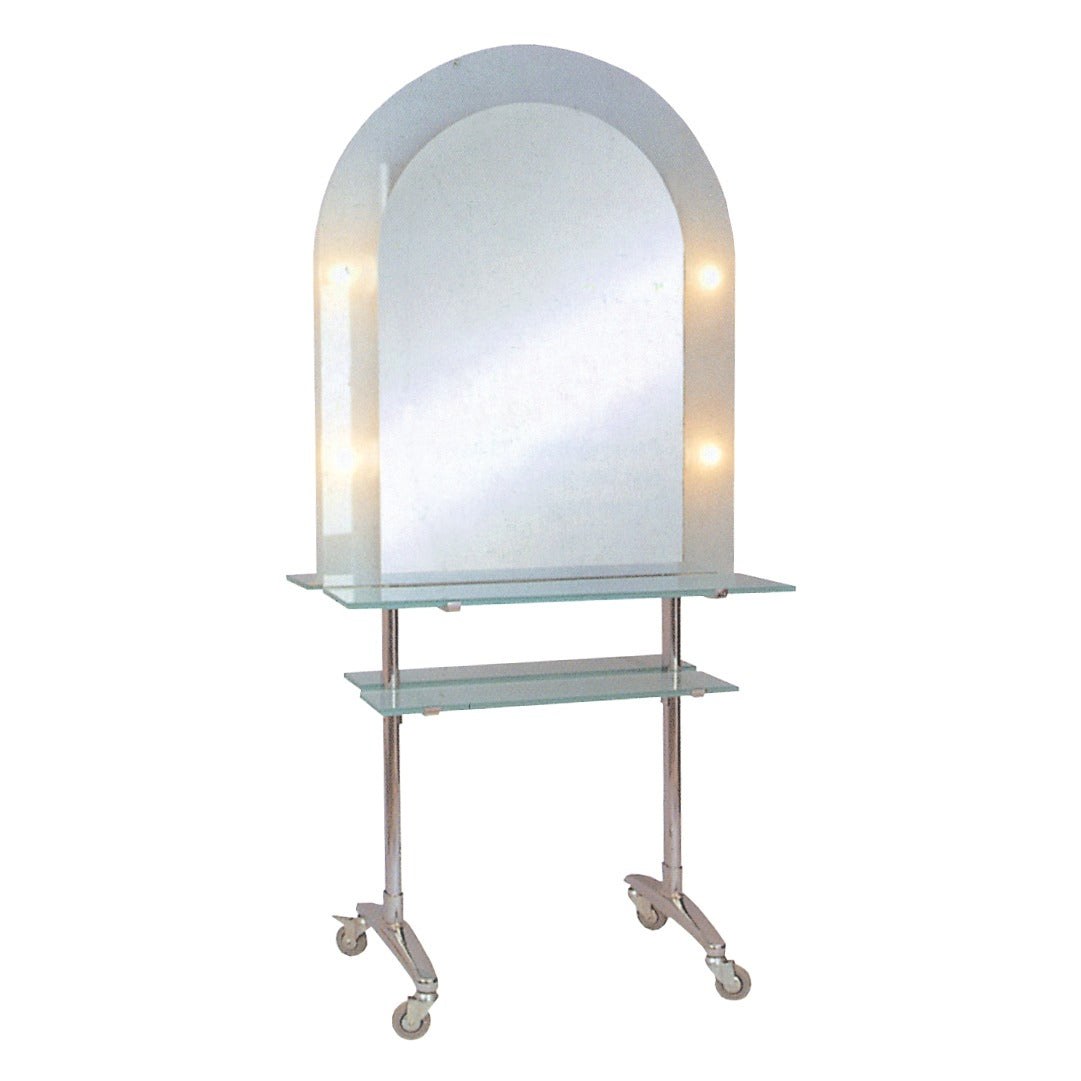 A white, double-sided work station mirror with a desk on each side, mounted on wheels for mobility.