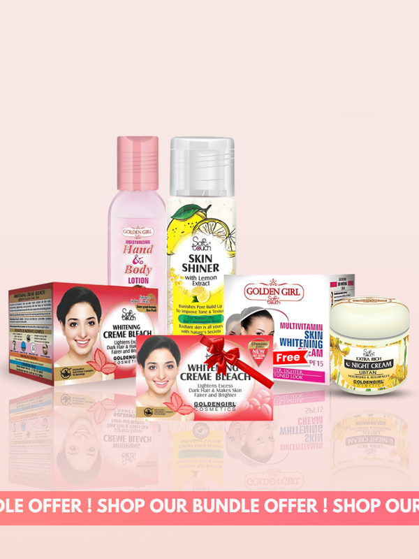 Collection of skincare products with promotional text on a pink background