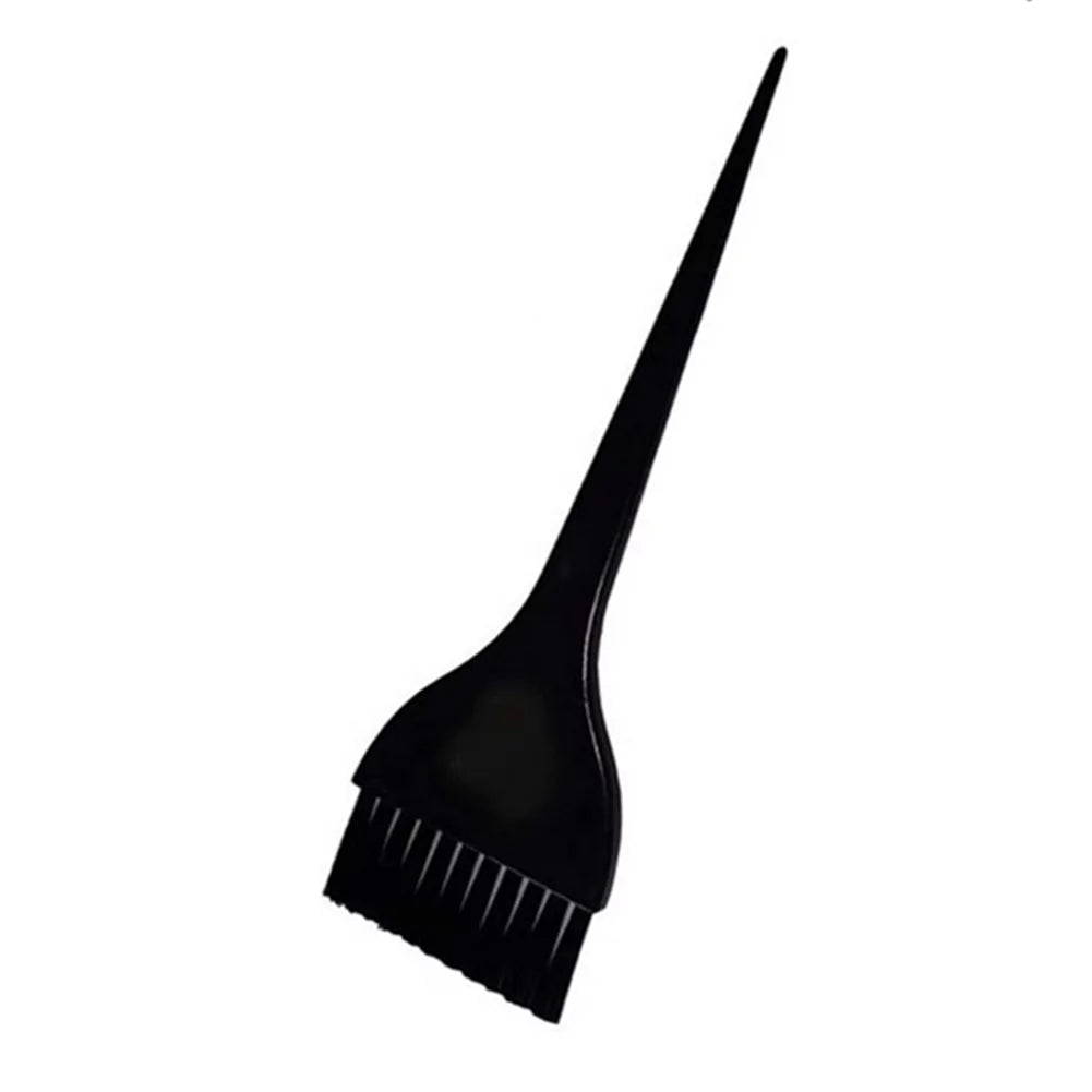 A black hair dye brush with a pointed tip and a flat base for applying hair dye color or bleach to hair.