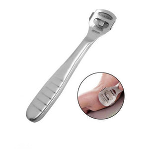 A stainless steel callus foot shaver with a flat, elongated head and a handle, with an inset showing the tool being used on a foot.