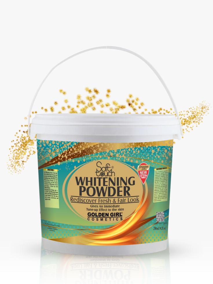 Bucket of whitening powder with a colorful label on a white background