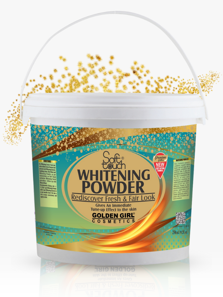 Whitening powder container with gold glitter on a white background