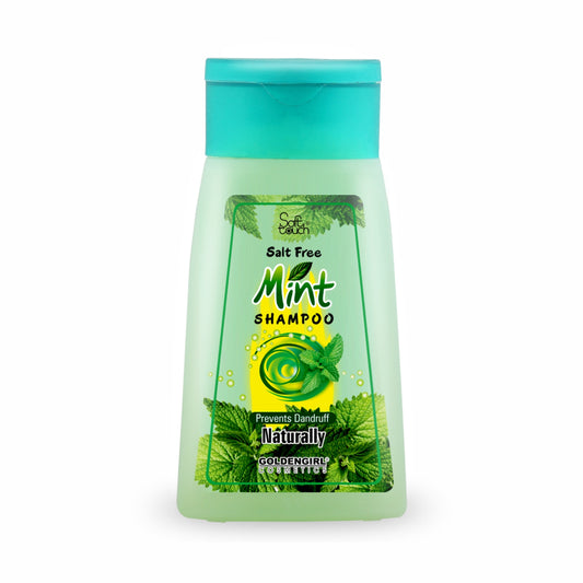 A bottle of Soft Touch Salt Free Mint Shampoo with green leaves and mint illustrations on the label.